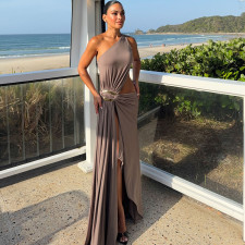 Slash Neck Solid Color Split Maxi Dress XEF-K25D86428