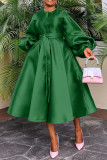 Plus Size Solid Glossy Loose Lantern Sleeve Midi Dress BGN-311