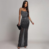 Hot Drill Mesh Sling Maxi Dress CYA-902200