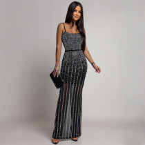 Hot Drill Mesh Sling Maxi Dress CYA-902200