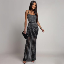 Hot Drill Mesh Sling Maxi Dress CYA-902200