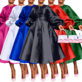 Plus Size Solid Glossy Loose Lantern Sleeve Midi Dress BGN-311