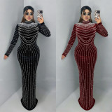 Velour Hot Drill Long Sleeve Maxi Dress BY-7617