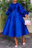 Plus Size Solid Glossy Loose Lantern Sleeve Midi Dress BGN-311