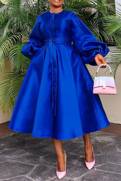 Plus Size Solid Glossy Loose Lantern Sleeve Midi Dress BGN-311