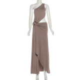Slash Neck Solid Color Split Maxi Dress XEF-K25D86428