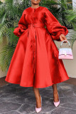 Plus Size Solid Glossy Loose Lantern Sleeve Midi Dress BGN-311