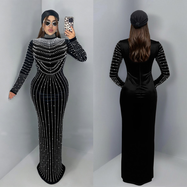 Velour Hot Drill Long Sleeve Maxi Dress BY-7617