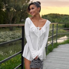 Solid Color Flare Sleeve Tie Up Mini Dress GAXB-W443DS