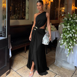 Slash Neck Solid Color Split Maxi Dress XEF-K25D86428