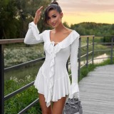Solid Color Flare Sleeve Tie Up Mini Dress GAXB-W443DS