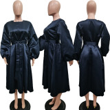 Plus Size Solid Glossy Loose Lantern Sleeve Midi Dress BGN-311