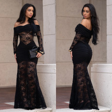 One Shoulder Lace Ruched Maxi Dress BY-7620
