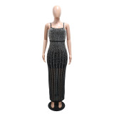 Hot Drill Mesh Sling Maxi Dress CYA-902200