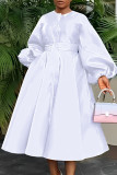 Plus Size Solid Glossy Loose Lantern Sleeve Midi Dress BGN-311