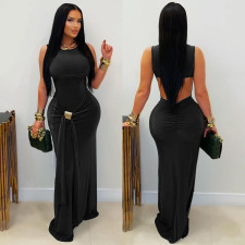 Sleeveless Solid Color Backless Maxi Dress BY-7600