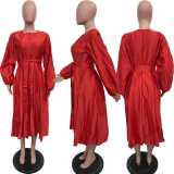 Plus Size Solid Glossy Loose Lantern Sleeve Midi Dress BGN-311