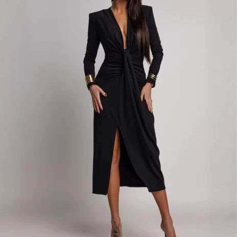 V Neck Long Sleeve High Split Maxi Dress GAXB-W511DS