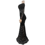 One Shoulder Lace Ruched Maxi Dress BY-7620