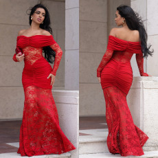 One Shoulder Lace Ruched Maxi Dress BY-7620