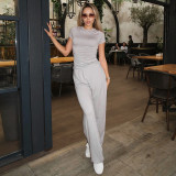 Solid Color Short Sleeve Casual Two Piece Pants Set GDSF-Y25ST057