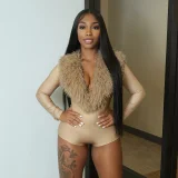 Fur V Neck Long Sleeve Skinny Romper GDSF-D25RP503