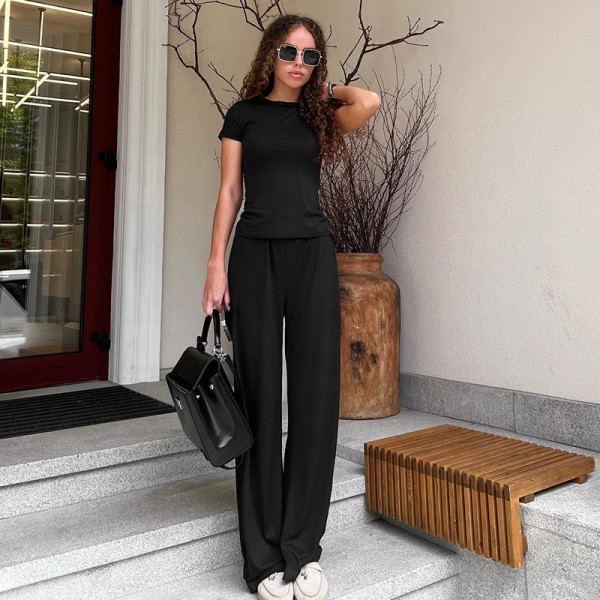 Solid Color Short Sleeve Casual Two Piece Pants Set GDSF-Y25ST057