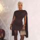 Press Pleated O Neck Shawl Mini Dress GDSF-Q25DS070