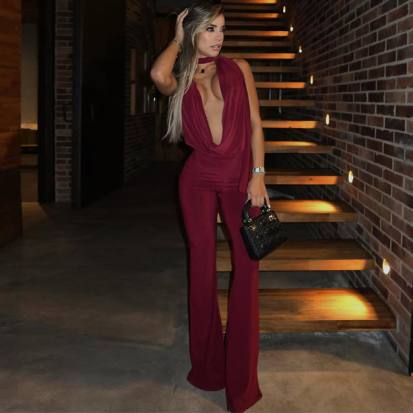 Solid Color Tie Up Backless Jumpsuit SHD-9592