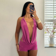 Solid Color Halterneck Tie Up Top Two Piece Shorts Set GDSF-D25ST560