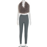 Furzzy Halterneck Backless Two Piece Pants Set GDSF-C25ST141
