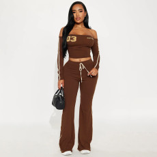 Off Shoulder Letter Print Tops Two Piece Pants Set SHD-9593