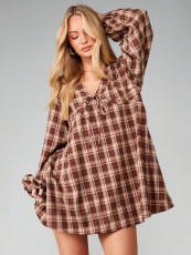 Casual Plaid Print V Neck Mini Dress XHXF-479