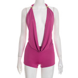 Solid Color Halterneck Tie Up Top Two Piece Shorts Set GDSF-D25ST560