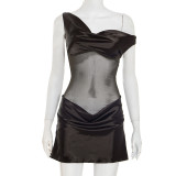 Faux Silk Off-Shoulder Sleeveless Mesh Panel  Mini Dress GDSF-D25DS262