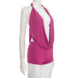 Solid Color Halterneck Tie Up Top Two Piece Shorts Set GDSF-D25ST560