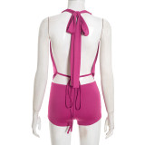 Solid Color Halterneck Tie Up Top Two Piece Shorts Set GDSF-D25ST560