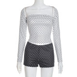 Contrast-Color Polka Dot Print Long-Sleeve Short Suit GDSF-D25ST398
