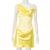 Faux Silk Off-Shoulder Sleeveless Mesh Panel  Mini Dress GDSF-D25DS262