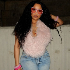 Tie Up Deep-V Back Halterneck Fur Top GDSF-J25TP283