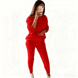 Plus Size Solid Long Sleeve Sweater Two Piece Pants Set GBLH-1118#