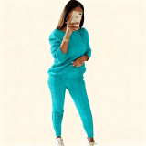 Plus Size Solid Long Sleeve Sweater Two Piece Pants Set GBLH-1118#