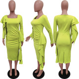 Plus Size Solid Color Square Neck Ruched Midi Dress BGN-BN312