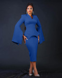 Plus Size Solid Color Wide-Sleeve V-Neck Midi Dress BGN-BN346