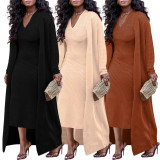Solid-color Cape Coat+V-neck Dress Two Piece Set BGN-BN320