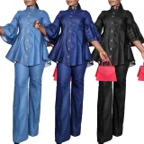 Plus Size Solid-Color Denim High-Neck Button Straight Pants Set BGN-BN316