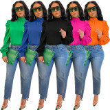 Stand-up Collar Puff Sleeve Back-Tie Top BGN-BN231