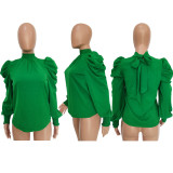 Stand-up Collar Puff Sleeve Back-Tie Top BGN-BN231