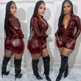 Solid Color Ruched Leather Romper BGN-BN277