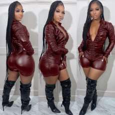 Solid Color Ruched Leather Romper BGN-BN277